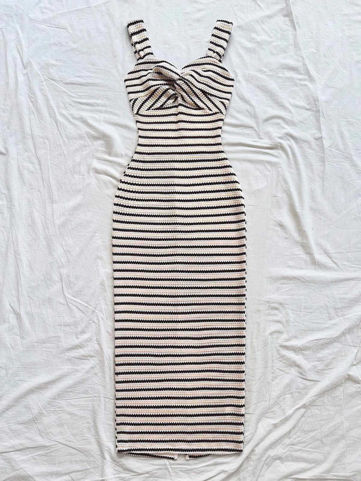 Women's Elegant Long Dress, Strapless Thick Strap Striped Dress with Twist Detail & Back Split Hem