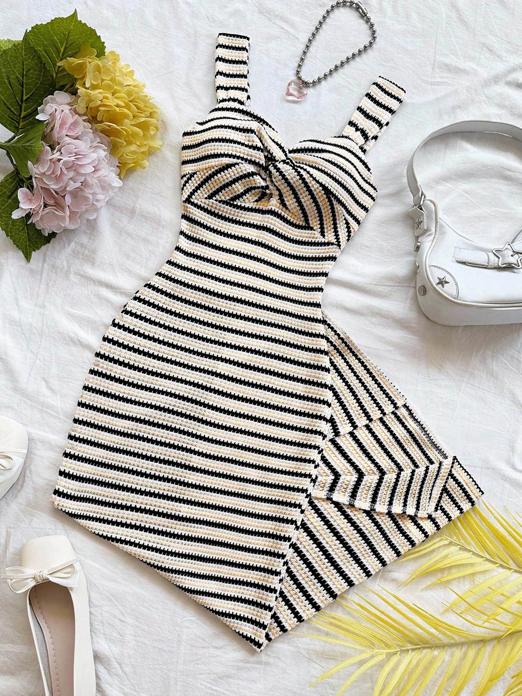 Women's Elegant Long Dress, Strapless Thick Strap Striped Dress with Twist Detail & Back Split Hem