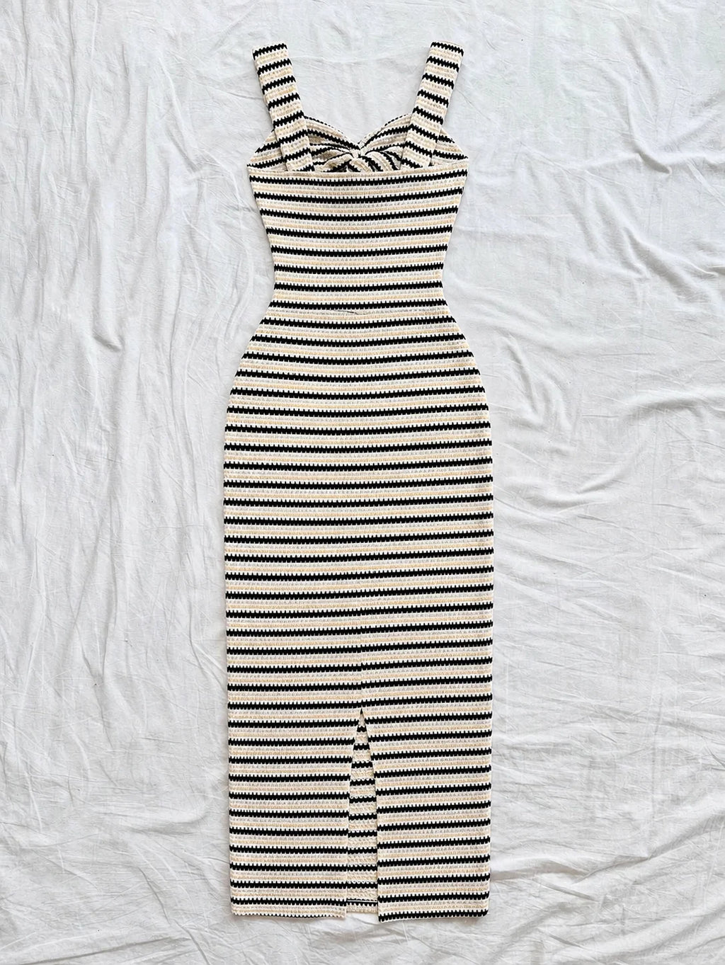 Women's Elegant Long Dress, Strapless Thick Strap Striped Dress with Twist Detail & Back Split Hem