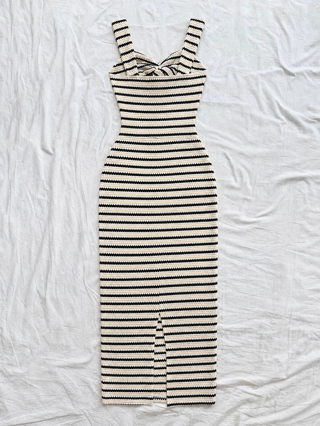 Women's Elegant Long Dress, Strapless Thick Strap Striped Dress with Twist Detail & Back Split Hem